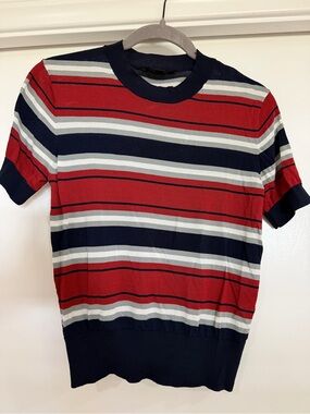 Women’s Red, Navy & White Stripe Short-Sleeve Knit Shirt Size M